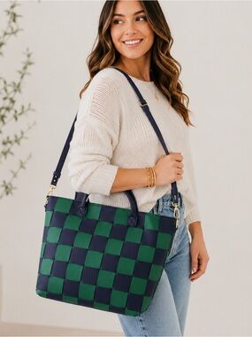 Pretty Simple Courtney Tote Woven Vegan Leather Checkered Navy/Green